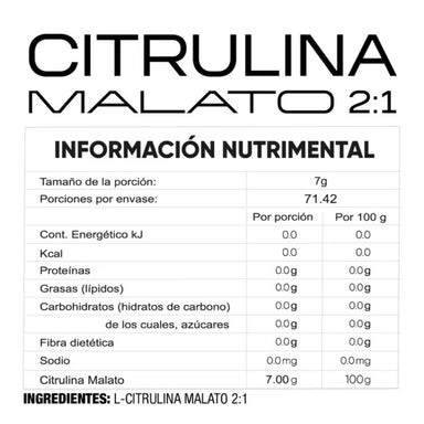 Kardagar Citrulina Malato 2:1 500Gr 71 Servicios Sin Sabor Informacion nutricional