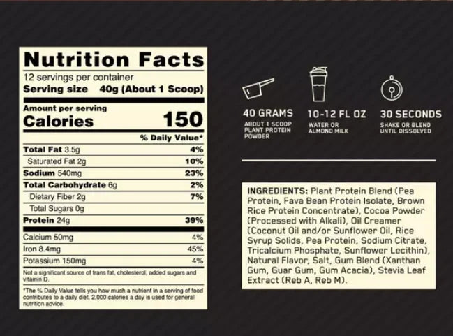 Optimum Nutrition Proteina Gold Standard 100% Plant Protein 1.63lb informacion nutricional