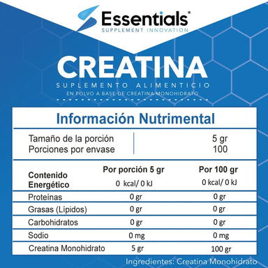 ESSENTIAL CREATINA MONOHIDRATADA 500 GR 100 SERV informacion nutricional