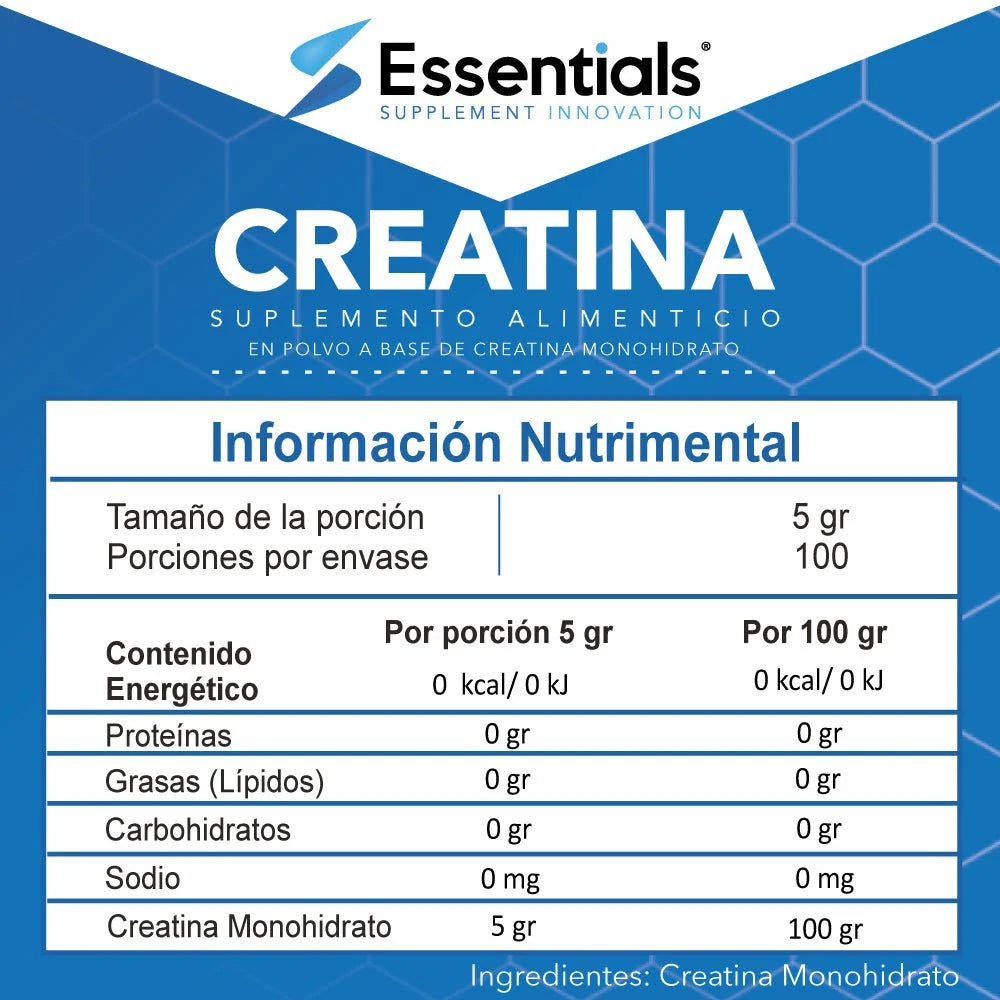 ESSENTIAL CREATINA MONOHIDRATADA 500 GR 100 SERV informacion nutricional