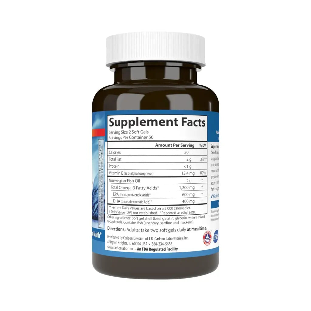 Carlson Labs Super Omega 3 1200 Mg, 100 Softgels Sabor Sin Sabor informacion nutricional
