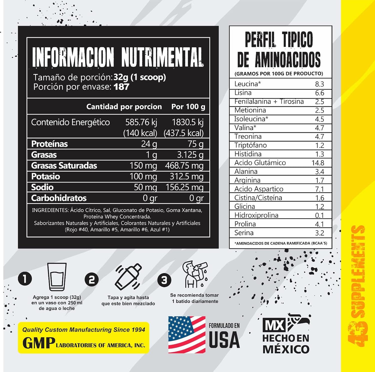 43 Supplements Proteina Hidrolizada 13.2 Lbs 150 Servicios informacion nutricional