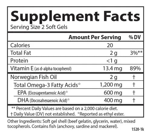 Carlson Labs Super Omega 3 1200 Mg, 100 Softgels Sabor Sin Sabor informacion nutricional 2