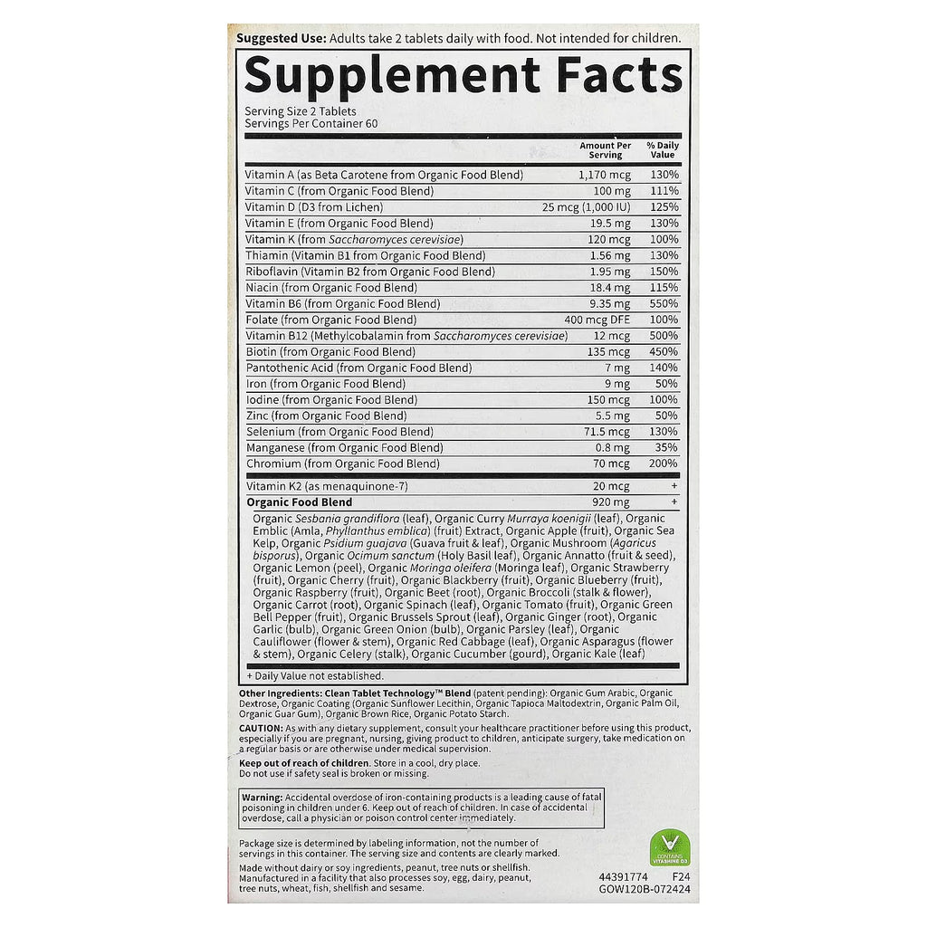 Garden of Life organics Womens Multivitaminico 120 tabs Informacion nutricional