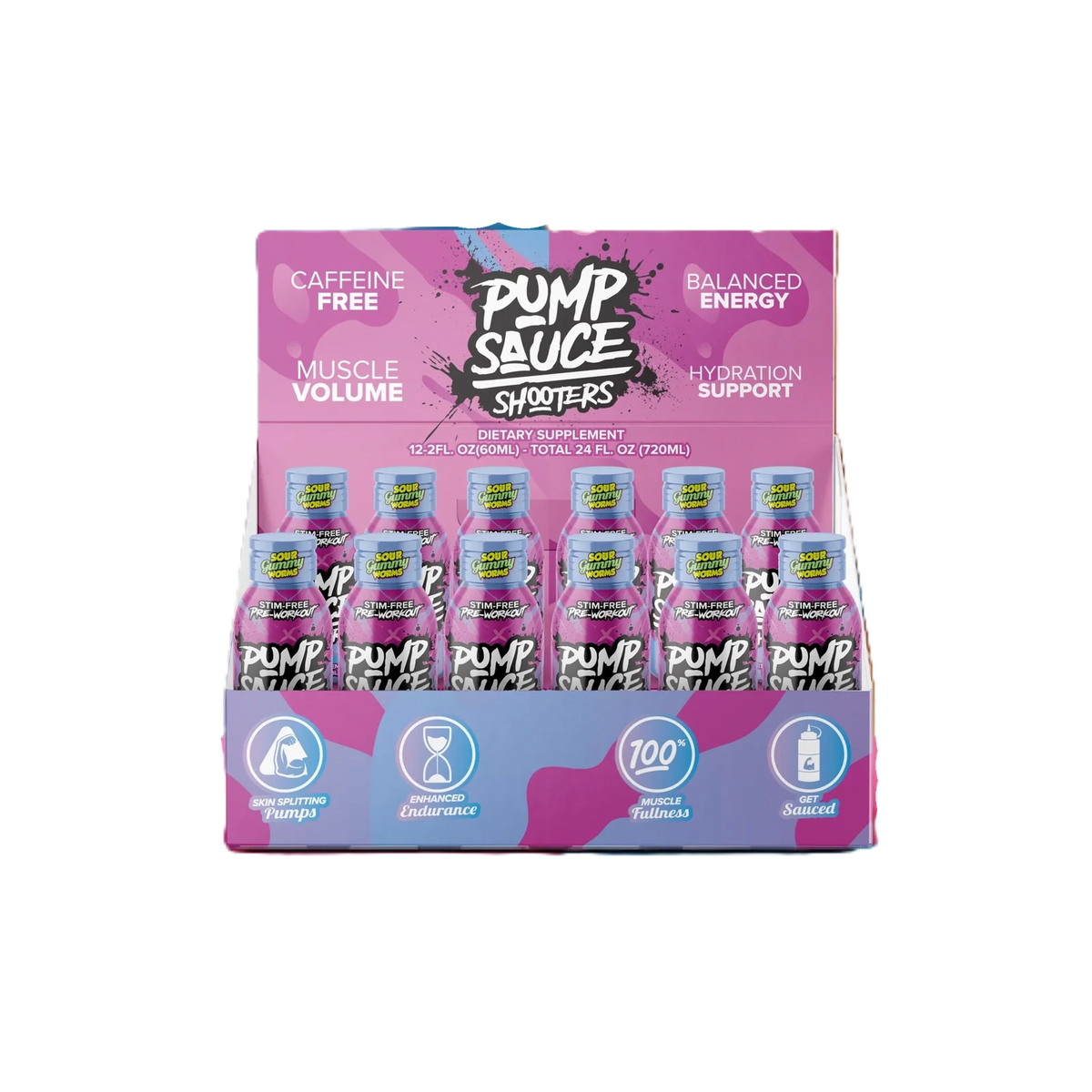 Pump Sauce Shooters Stim-Free Pre Entreno 12pack 60ml tropical sour gummy worms