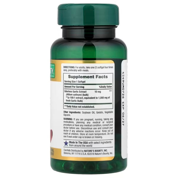 Nature's Bounty Garlic Extract 1000mg 100 capsulas Informacion nutricional