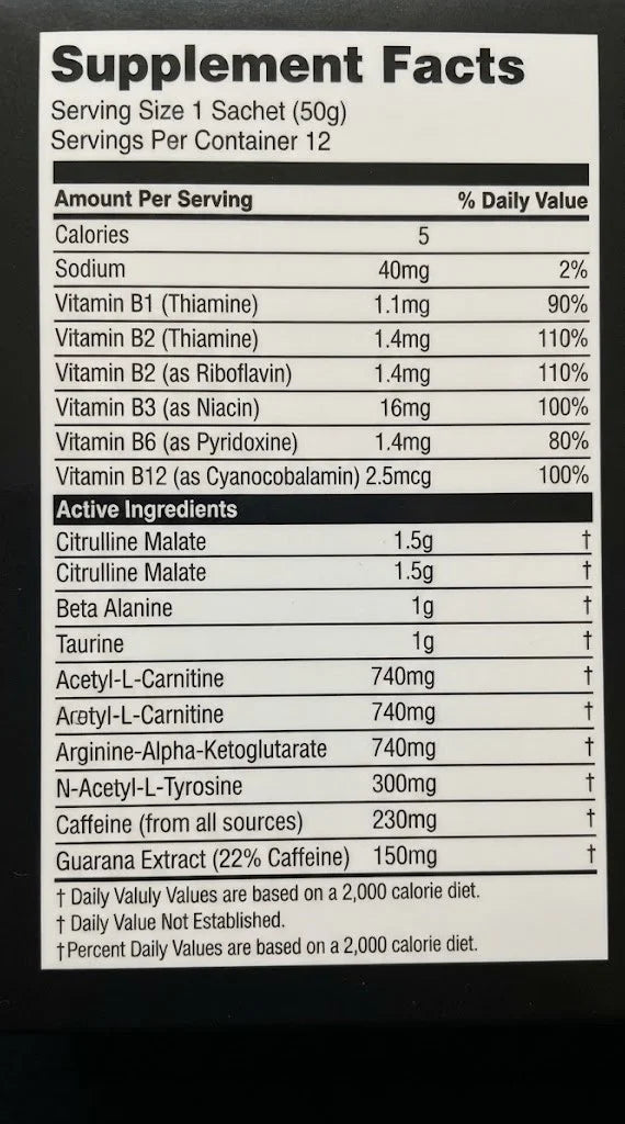 Myprotein Hyrox Pre-Workout Gel 12 Sobres 50g c/u Informacion nutricional