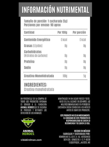 Birdman Creatina Alta Pureza Polvo 450gr 90 Servicios informacion nutricional