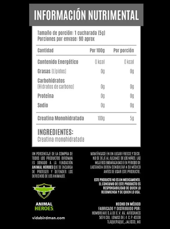 Birdman Creatina Alta Pureza Polvo 450gr 90 Servicios informacion nutricional