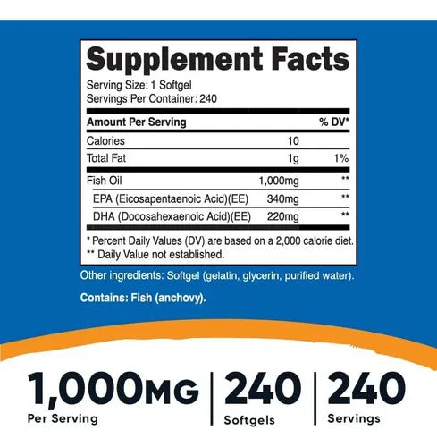 Aceite De Pescado Epa 340 Mg Dha 220 Mg 240 Capsulas Sabor Sin Sabor informacion nutricional
