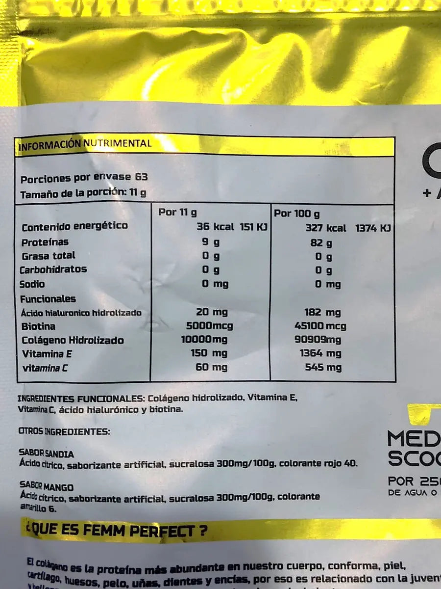Virta Femm Perfect Colageno + Acido Hialuronico + Biotina 693g 63 servicios informacion nutricional