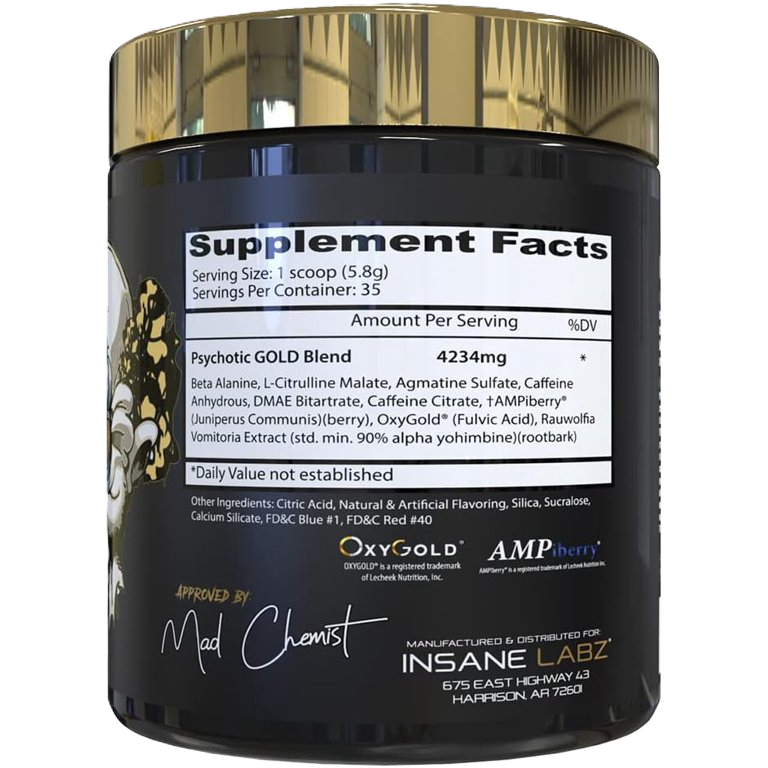 Insane Labz Psychotic Gold Pre Enterno 35 servicios informacion nutricional