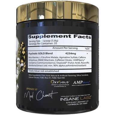 Insane Labz Psychotic Gold Pre Enterno 35 servicios informacion nutricional