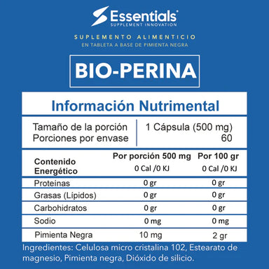 Essentials Bio-Perina 60 capsulas 500mg c/u Informacion nutricional