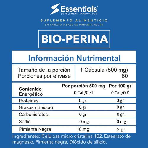 Essentials Bio-Perina 60 capsulas 500mg c/u Informacion nutricional