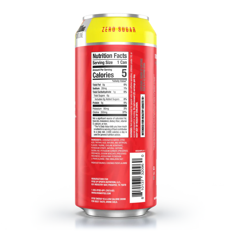 Ryse Fuel Energy Drink 12 Pack Ring Pop Sabor Cherry informacion nutricional