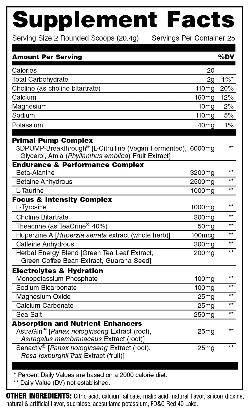 Universal Animal Primal Powder Pre Entreno 25 Servicios INFORMACION NUTRICIONAL