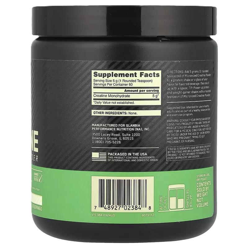 Optimum Nutrition Creatina Micronizada 300gr 60 Servicios informacdion nutricional