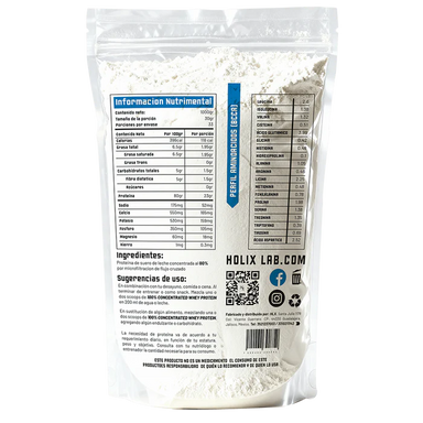 Holix Lab Proteina 100% Concentrated Whey Protein 2.2 libras Sin Sabor informacion nutricional 2