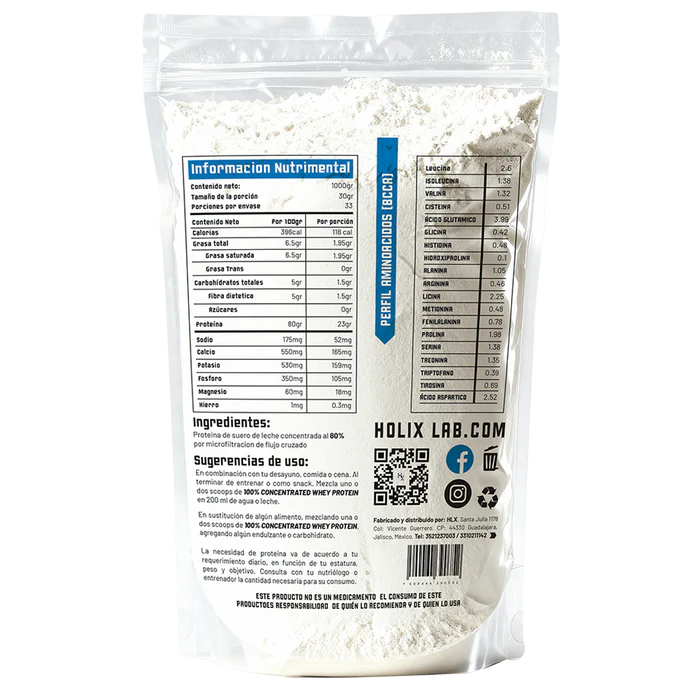 Holix Lab Proteina 100% Concentrated Whey Protein 2.2 libras Sin Sabor informacion nutricional 2