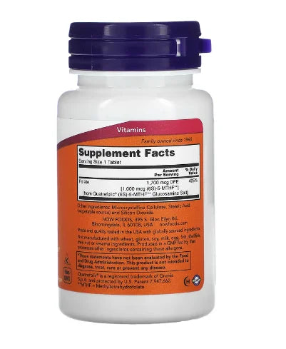 Now Foods Methyl Folate 1,000 MCG 90 Tabletas informacion nutricional