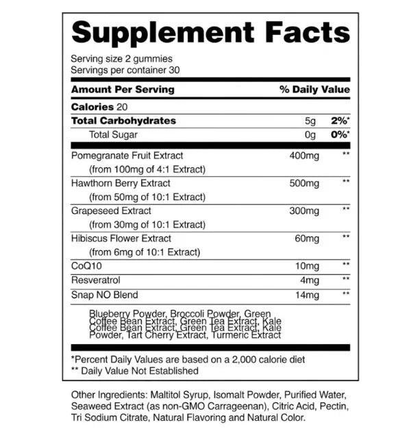 Snap Supplements Heart Helth Gummies Watermelon 60 Gummies Informacion nutricional
