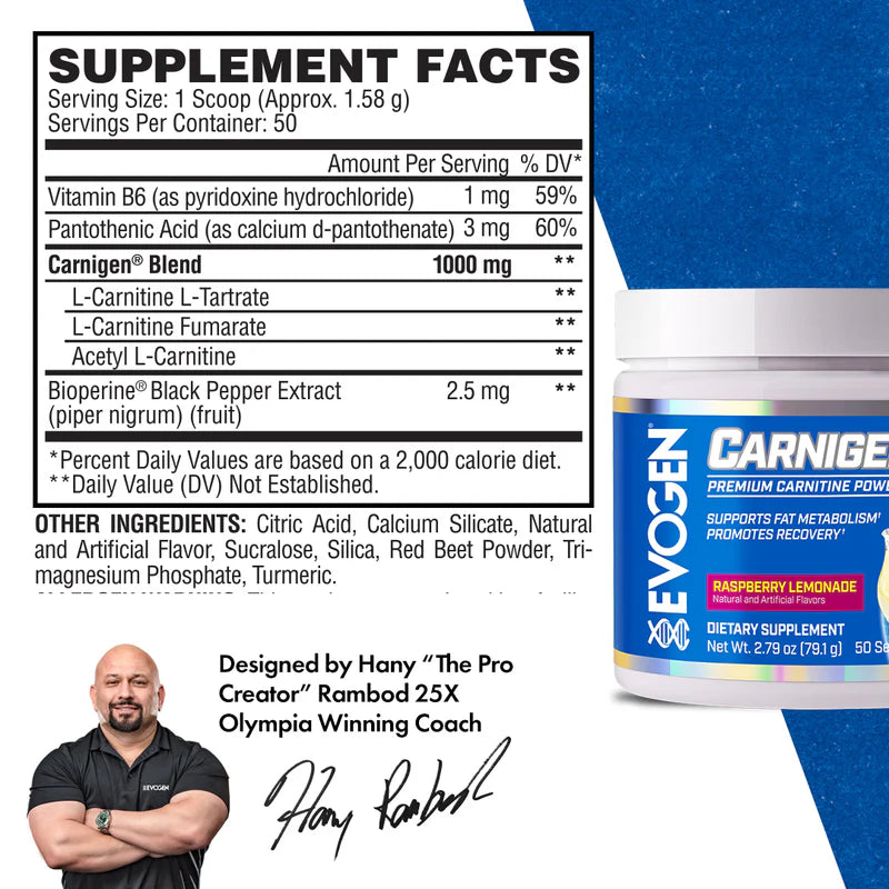 Evogen Carnigen Carnitina en Polvo 50 servicios informacion nutricional