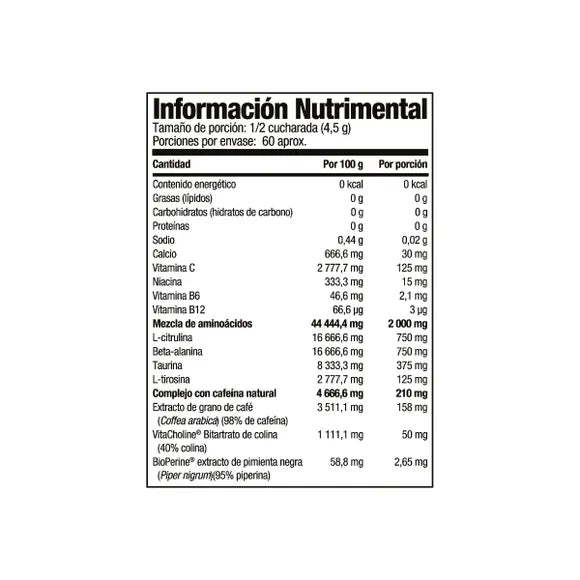 Mutant P.W.O. Fruit Punch 60 Servicios Informacion nutricional 2