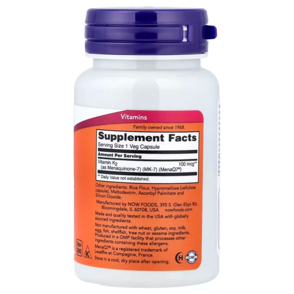 Now Foods MK7 Vitamin K-2 1000MCG 90 Veg Cap Informacion nutricional