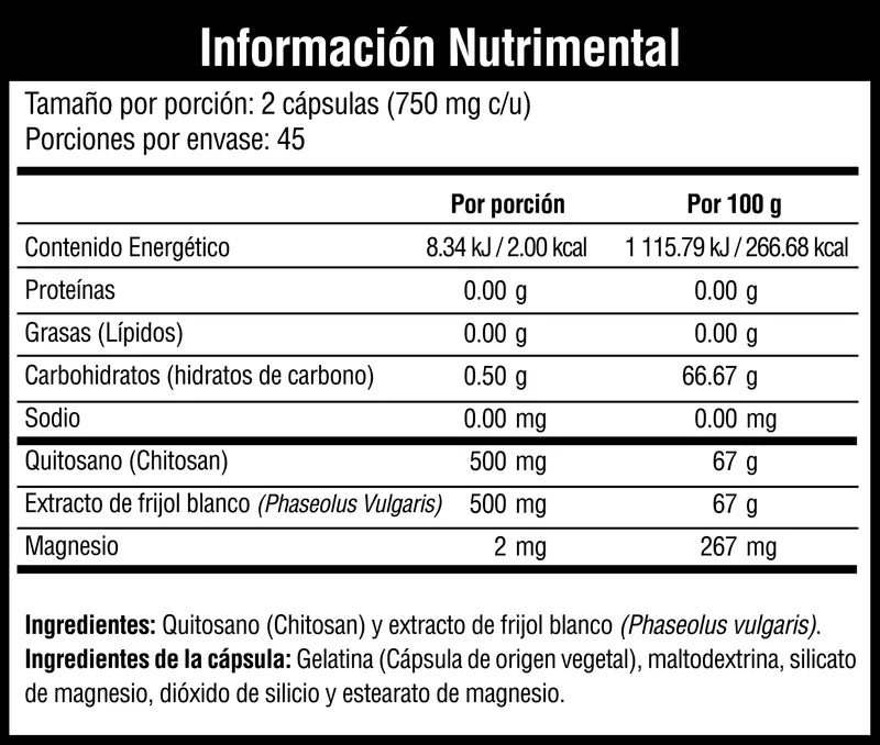 Musclefit Block Carbs Blockeador de Carbohidratos y Grasas 90 Caps informacion nutricional