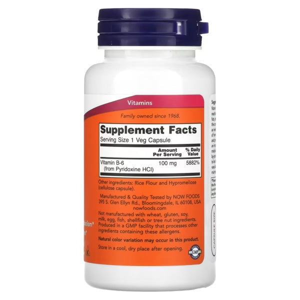Now Foods B-6 100mg 100 Capsulas Informacion nutricional
