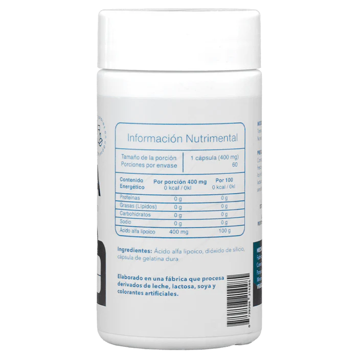 Essentials R-ALA Acido Alfa Lipoico 400 Mg 60 Capsulas informacion nutricional