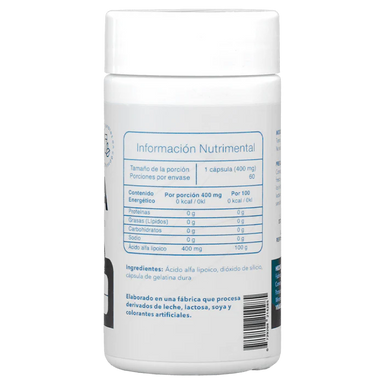 Essentials R-ALA Acido Alfa Lipoico 400 Mg 60 Capsulas informacion nutricional