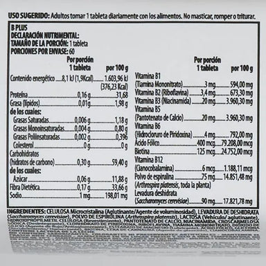 Nutrilite B Plus 60 Tabletas Informacion nutricional