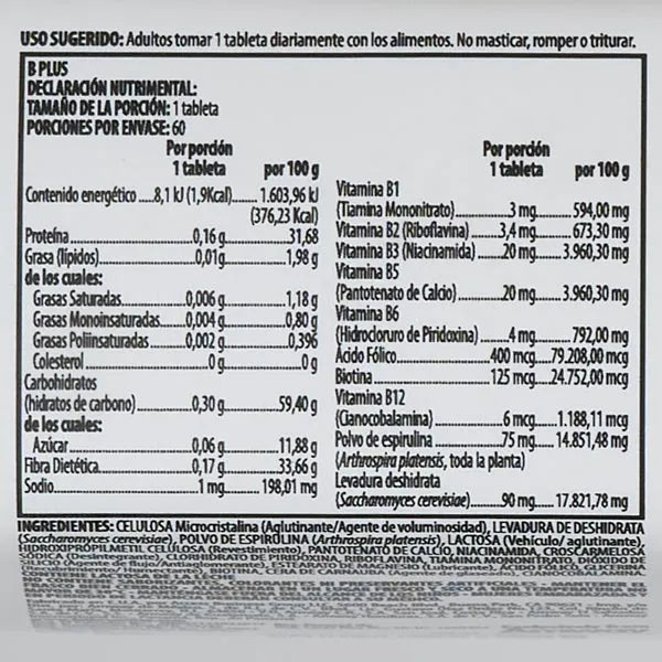 Nutrilite B Plus 60 Tabletas Informacion nutricional