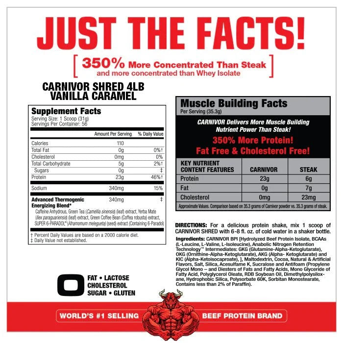 Musclemeds Proteina Carnivor Shred 4.56 Lb 56 Porciones informacion nutricional