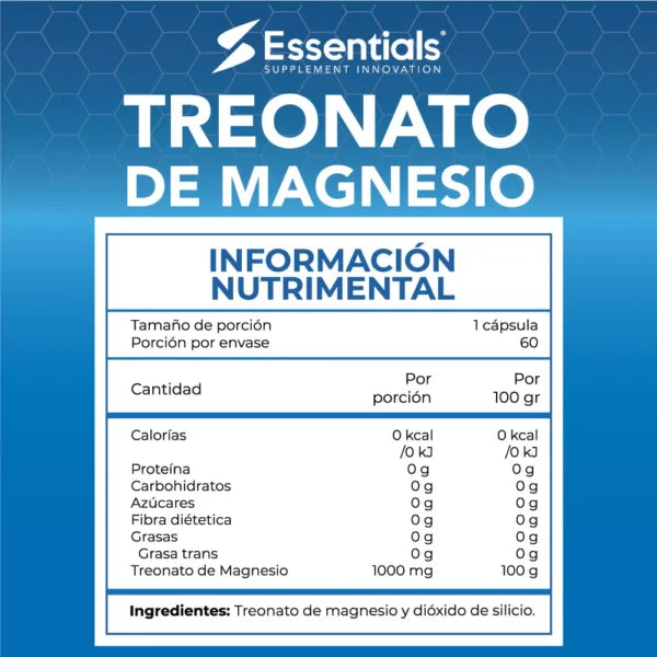 Essentials Treonato de Magnesio 60 Capsulas informacion nutricional