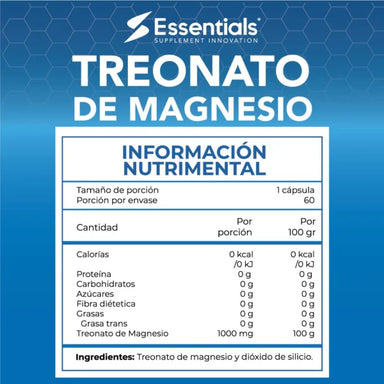 Essentials Treonato de Magnesio 60 Capsulas informacion nutricional