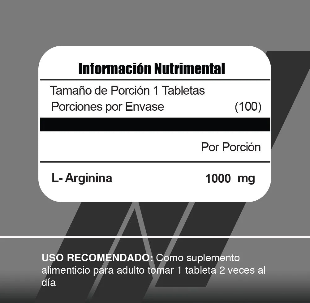 Meta Nutrition Arginina+ 800mg 100 tabletas informacion nutricional