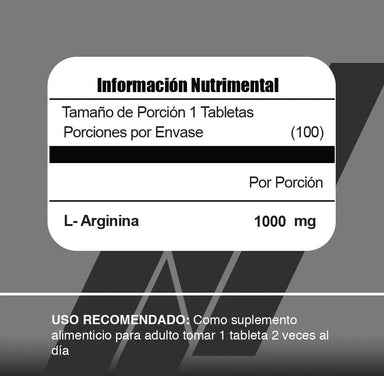 Meta Nutrition Arginina+ 800mg 100 tabletas informacion nutricional