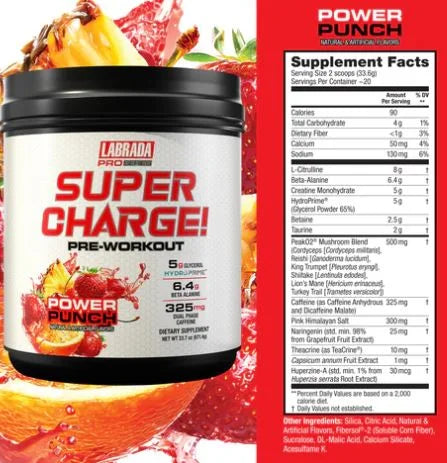 Labrada Nutrition Super Charge Pre Entreno 671gr 20 Servicios Informacion nutricional