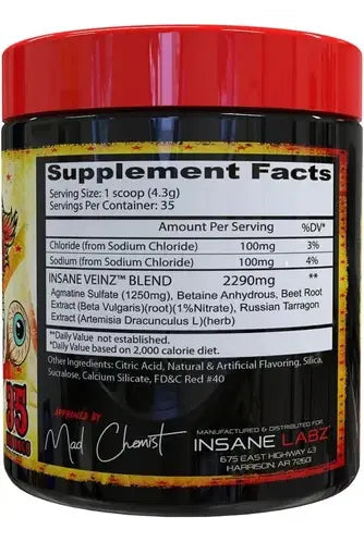 Insane Veinz Summer Series 166g Pre Entreno 35 servicios informacion nutricional