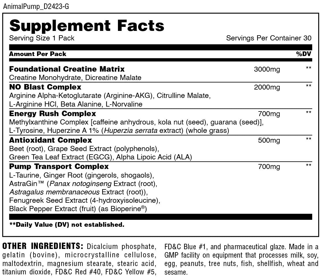 Universal Animal Pump 30 packs informacion nutricional