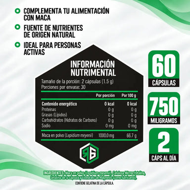 Red Gold Maca 750mg 60 Tabletas Informacion nutricional