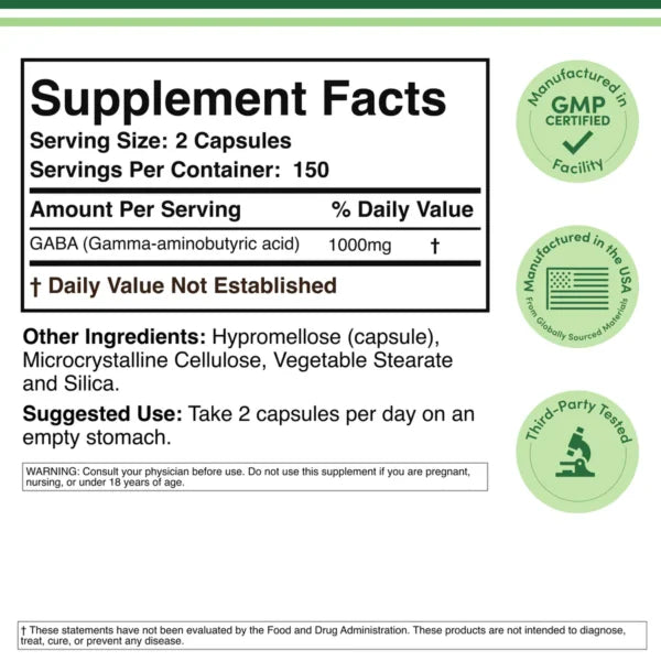 Double Wood GABA 1000mg 300 Capsulas Informacion nutricional