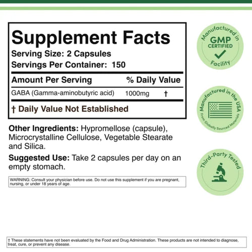 Double Wood GABA 1000mg 300 Capsulas Informacion nutricional