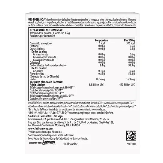 Nutrilite probiotic Suplemento Alimenticio 30 sobres informacion nutricional