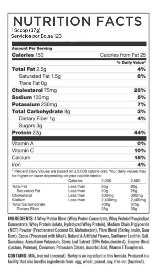 Mutant Whey Proteina En Polvo Costal 10 Lbs / 119 Servicios Informacion nutricional
