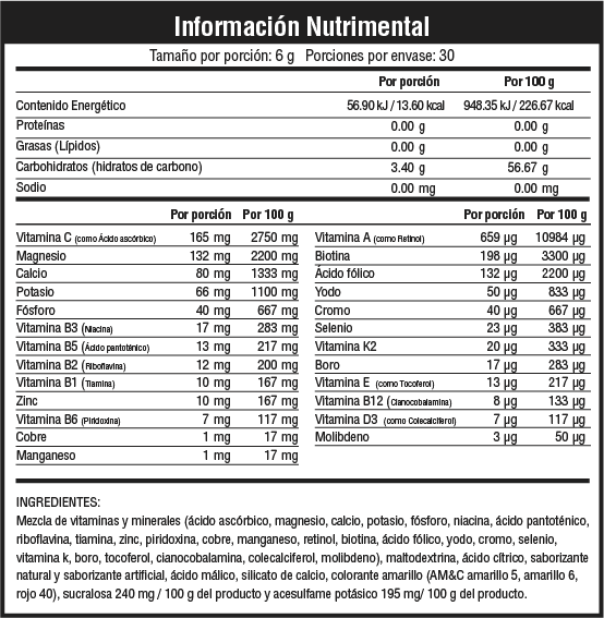 Musclefit Vimen 180gr 30 Porciones Vitaminas Y Minerales informacion nutricional