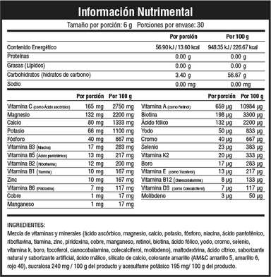 Musclefit Vimen 180gr 30 Porciones Vitaminas Y Minerales informacion nutricional